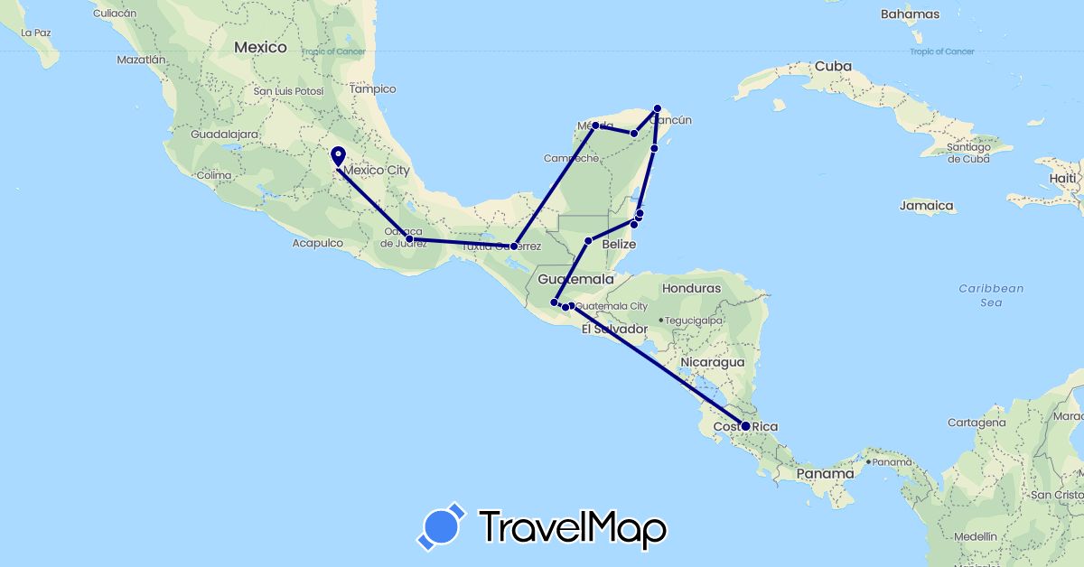 TravelMap itinerary: driving in Belize, Costa Rica, Guatemala, Mexico (North America)